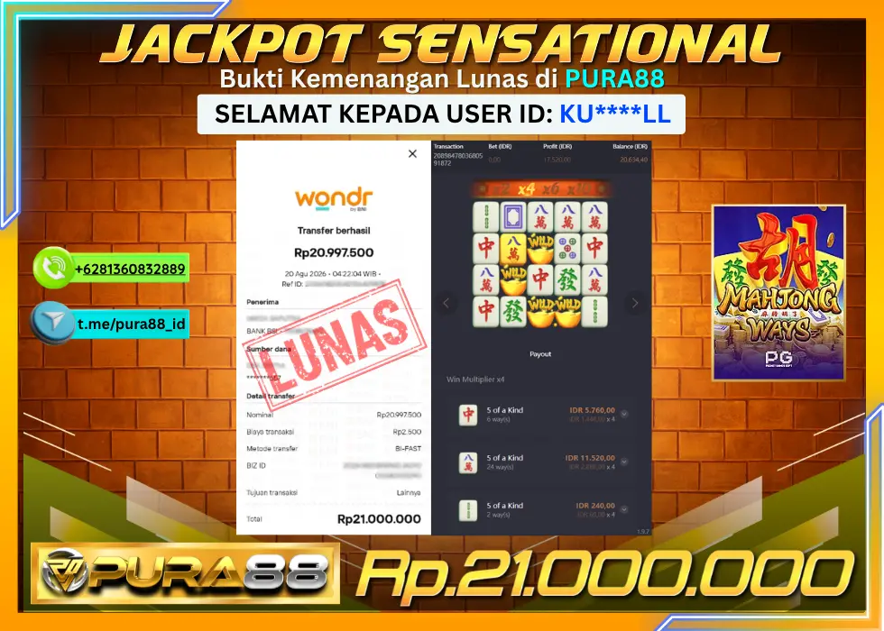 PURA88 JACKPOT MAHJONG WAYS Rp 21.000.000,- LUNAS